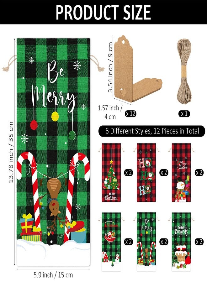 MIMIND 12 Burlap Wine Bags - Christmas & Xmas Gift Bags with Drawstrings, Gift Tags & Ropes - Buffalo Plaid, Red+Black, Green+Black - Image 2